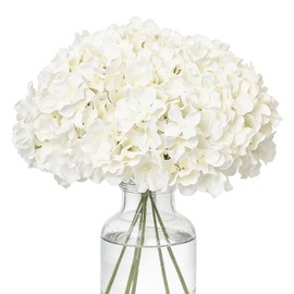 Flores artificiales de hortensias blancas falsas - Cabezas de flores de hortensias de seda sintética con tallos de tacto real para decoración de mesa del hogar, boda, fiesta, (blanco