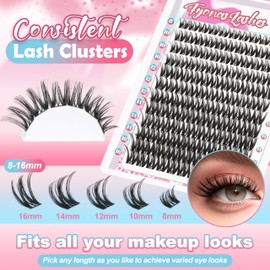 Fyonas Flora Lash Clusters Wispy Eyelash Clusters 132Pcs D Curl Cluster Eyelash Extensions Natural Look 8-16mm Thick Individual Lashes with Soft Thin Band DIY at Home (Girls Party)