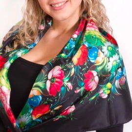 STP Black Silk Pavlovo Posad Style Shawl with Floral Print 36x36''