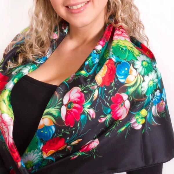 STP Black Silk Pavlovo Posad Style Shawl with Floral Print