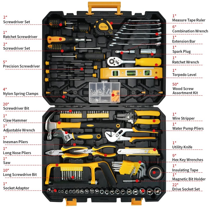 Tool Set with Screwdrivers, Ratchet Wrenches, Socket Wrenches, Hand Saw,