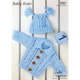Stylecraft Baby Aran Knitting Pattern 8361 - Cardigan & Hat. Size 41-61cm (16-24 inch)