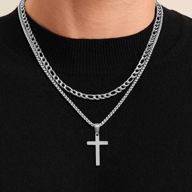 Fiusem 2 Pcs Cross Necklace Chain for Men and Women, Stainless Steel Layered Mens Cross Necklaces with Pendant, Silver Tone 16 Inch Figaro and 18 Inch Box Chain