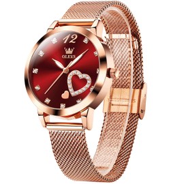 OLEVS Watches for Women Big Face Red Quartz Dress Watches for Women Luxury Diamond Heart Waterproof Womens Watch Fashion Rose Gold Mesh Strap Arabic Numerals Luminous Ladies Watches