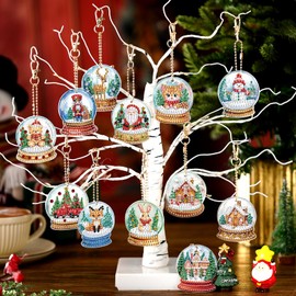 WILLBOND 30 Pcs Double Sided Christmas Diamond Art Keychain Ornaments DIY Christmas Crystal Ball Diamond Painting Keychain Kits for Adults Key Ring Art Pendant Xmas Tree Decor