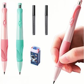 Inclock Handwriting thick mechanical pencils with grip: 2.0MM HB Pencil for kids with 14 leads (2 pack red&green)
