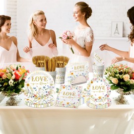 Love is in Bloom Bridal Shower Decoration-144Pcs Floral Paper Plates and Napkins Kit for Wedding,Engagement Party