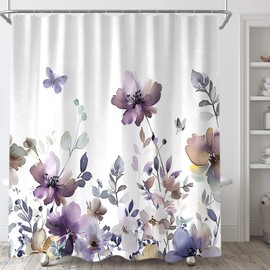 Sanzugh Purple Floral Shower Curtain, Cute Boho Watercolor Flower Wildflower Leaves Butterfly White Fabric Shower Curtains Set for Bathroom Decorative with Hooks 72 X 72 inch Spring Bath Decor