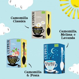 CUPPER Cofanetto Mix di Camomille Biologiche, Camomilla e Pesca, Snore&Peace e Camomilla Classica, Assortimento di Tisane con Filtri 100% Biodegradabili, Confezione da 60 bustine