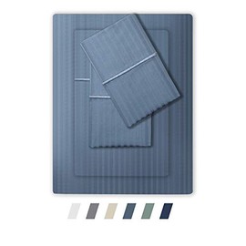 Feather & Stitch 500 Thread Count 100% Cotton Stripe Sheets Set with 2 Twin XL Fitted,1 King Flat, 2 King Pillow Cases .Soft Sateen Weave, Deep Pocket (Blue, Split King)