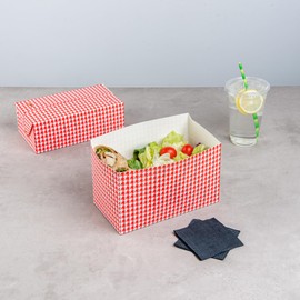 Restaurantware Bio Tek 71 Ounce To Go Boxes, 100 Rectangle Take Out Food Containers - Fast Top Closure, Disposable, Red Houndstooth Paper Carry Out Containers, For Burgers Or Fried Chicken