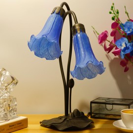 ANYONGLU Lily Lamp Tiffany Style Table Lamp 15 Inch Tall Tulip Flower Accent Desk lamp with Lotus Leaf Base (2-Light/Baby Blue)