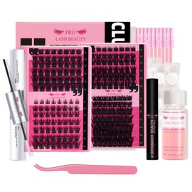 DIY Lash Extension Kit Cluster Lashes Kit with 208 Pcs Lash Clusters Lash Bond Remover Eyelash Applicator Beginner DIY Lashes Kit Easy to Use(DIY Lash Kit,4 Styles Mix-B)