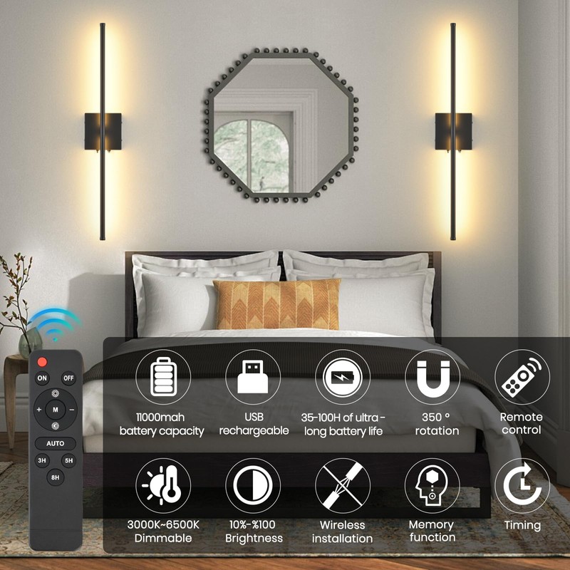 Battery Operated Wall Sconces with Remote Control, 11000mAh LED Wireless