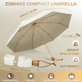 ZOMAKE Umbrella Pocket Umbrella Storm Proof - Small Umbrellas Compact with 8 Ribs, Foldable Parasol with UV Protection - Mini Umbrella Small for Men Women Girls with Wooden Handle (White + White)