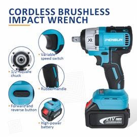 PENSUN Cordless Impact Wrench With Work Light, 3000 RPM & Max Torque 260 ft-lbs Brushless Impact Wrench, 1/2 Impact Gun with 2pcs 4.0Ah Li-ion Battery