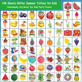 CHARLENT 148 PCS Summer Glitter Fruit Temporary Tattoos for Kids - Watermelon Pineapple Individual Tattoos for Boys Girls Pool Birthday Party Favors Goodie Bag Fillers