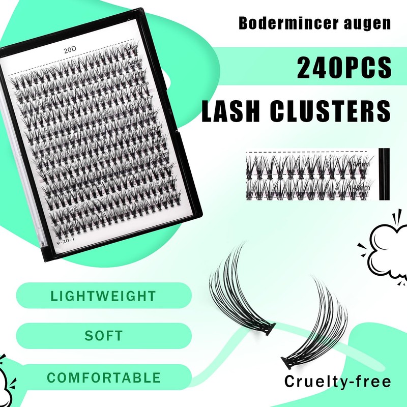 Bodermincer Lash Extension 240pcs D Curl 20D Cluster Individual Cluster