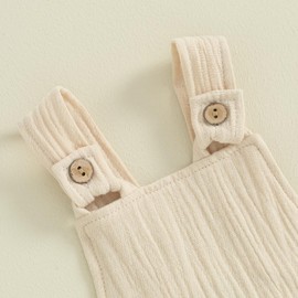 Infant Baby Girl Boy Romper Shorts Linen Sleeveless Jumpsuit Bib Overalls One Piece Outfit Spring Summer Clothes (Beige, 12-18 Months)