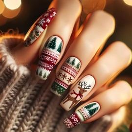 24Pcs Christmas Press on Nails Long Christmas Tree Fake Nails Christmas Cute Reindeer False Nails Full Cover Glossy Acrylic Nails Stick on Nails for Women Christmas Nail Art Decoration