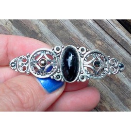 Unbranded BRIGHT SILVER FINISH BLACK STONE & MARCASITE BROOCH CZECH REP