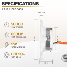 POWERASIA 1 Pack 4 Inch LED Can Lights with Night Light, 5CCT Retrofit Recessed Lighting Selectable 2700K-6000K Dimmable, 9W=55W, 630LM Downlight with Metal Smooth Trim - ETL and Energy Star