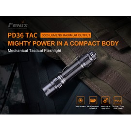 EdisonBright Fenix PD36 TAC 3000 lumen LED Tactical Flashlight, holster and battery USB charging adapter