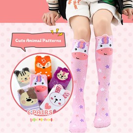 Girls Knee High Socks Gifts Cute Cotton Mid Calf Long Boot Socks Stocking Stuffers (Set of 6 Pairs Animal)