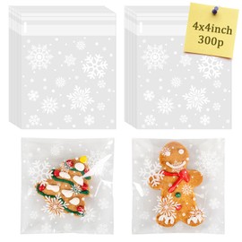 CUDICY Christmas Cookie Bags 300pcs Snowflake Cellophane Treat Bags 4x4 Self Adhesive Cookie Bags for Gift Giving Packaging Candy Goodie Holiday Homemade Bakery