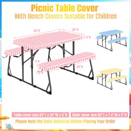 33" L x 20" W x 3" H Pink Grid Picnic Table Cover for Kids, Fitted Tablecloth for Outdoors Vinyl Waterproof Cloth for Camping Home Goods Indoor Outdoor Patio BBQ