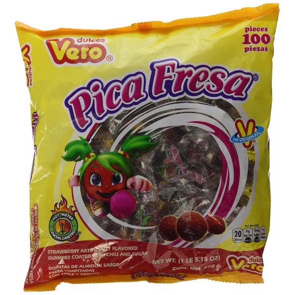 Dulces Vero Pica Fresa Chili Strawberry Flavor Gummy Mexican Candy, 100Piece, 1 LB, 5.15 OZ, Clear