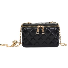LeahWard Women's MINI Quilted Clutch Bag Patent Chain Strap Purse Pouch Wedding Handbag (Black)