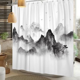 Kzzfqxb 105x160cm Foggy Shower Curtains with Hooks, White Mist Black Mountains Birds Trees Landscape Ink Painting Occluded Waterproof for Bath, Polyester Fabric Bathroom Bathtub Nature Decor