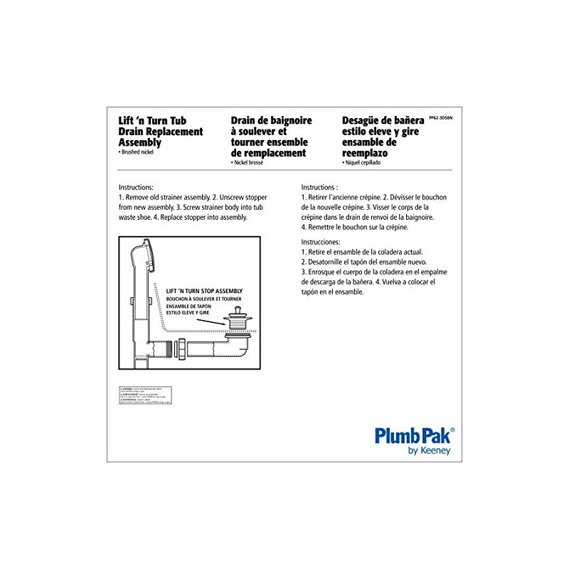 Plumb Pak PP62-3DSBN Lift & Turn Tub Drain Replacement Assembly