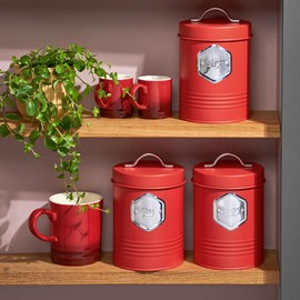 Cooks Professional 3 Piece Storage Canister Set | Labelled Containers for Tea Coffee Sugar | Canisters Sets for Kitchen Accessories & Essentials | Red & Silver