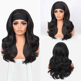 Wear and Go Body Wave Headband Wig Synthetic Wavy Wig for Black Women Glueless Wig with Headband Attached Heat Friendly 22 inch:_Natural Black