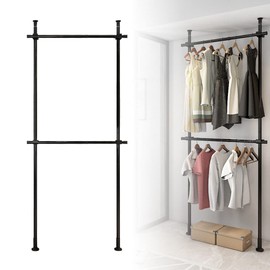 PIAOCAIYIN 2 Tier Clothing Rack, Adjustable Telescopic Garment Rack, 260lbs Clothes Closet Organizer, Stainless Steel Heavy Duty Tension Rod for Closet, Black