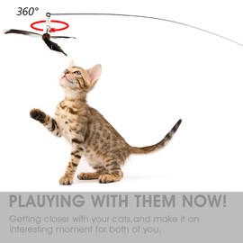 cobee Cat Wand Toys, Interactive Cat Toys with 2 Feather Refills, Cat Feather Propeller Wand Toy with Bell, Cat Feather Toys Replacement Refills, Indoor Cat String Toy for Kitten Training(Piebald)