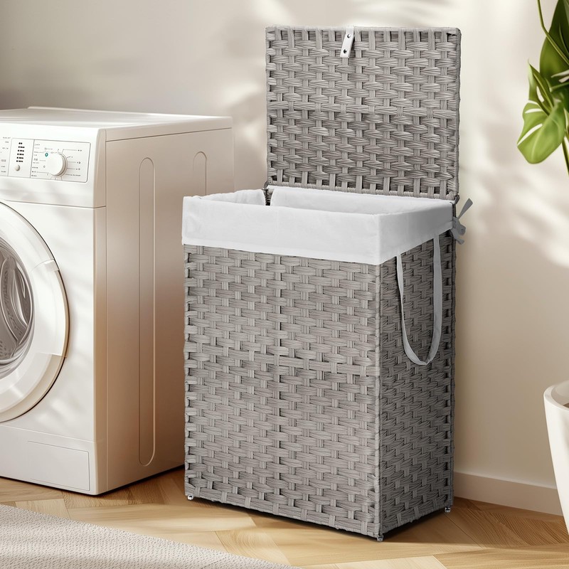 DUMOS Woven Laundry Basket with Lid, 90L Large Capacity Hamper,