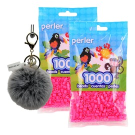 westlake art Perler Fuse Beads, 0.01 Oz Magenta Purple Fuse Beads, 1000 Count - Craft Beads Kit for Kids & Adults, for Art Projects & DIY Crafts, Bundled with Pompom Balls Fluffy Keychain (Pack of 2)