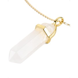 LAVISA Obelisk Gemstone Necklace Gold Pendant Real Crystal Chain Necklace Rose Quartz Amethyst Natural Stone, 55 + 5 cm, Stainless Steel