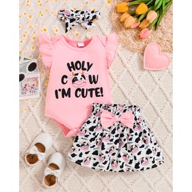 PaPaai Sara Cute Baby Girl Clothes 3-6 Month Summer Newborn Dress Infant Outfit Ruffle Short Sleeve Romper Baby Girl's Clothing Headband Cow Letter Printed Top Skirt Set 3Pcs Pink Cow Girl