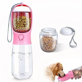 LURI Botella Dos en Uno para Perro Con Agua y Comida, Dispensador Portátil Con Cuerda, Bebedero para Perro Grande, para Caminatas (Rosa)