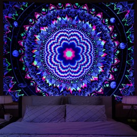 Amonercvita Blacklight Tapestry Trippy Mandala Tapestry UV Reactive Galaxy Stars Tapestry Psychedelic Neon Tapestry Wall Hanging Hippie Black Light Poster for Living Room