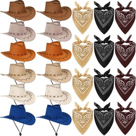 Cindeer 24 Pcs Western Cowboy Hats with Polyester Bandanas Western Cap Suede Leather Hat and Square Bandanas Scarf for Adult (Stylish Color)
