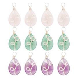 DICOSMETIC 12Pcs 3 Styles Natural Stone Pendant Teardrop Gemstone Pendants with Copper Wire Drop Crystal Stone Pendants Oval Beads Dangle Charms for Jewellery Making, Hole: 3.4mm