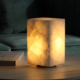 Artsolute Natural Solid Stone Table Lamp with One-of-a-Kind Crystal Texture, Small Accent Lamp with 3 Colors Dimmable LED, Unique Lamp for Bedroom Living Room, Cuboid White
