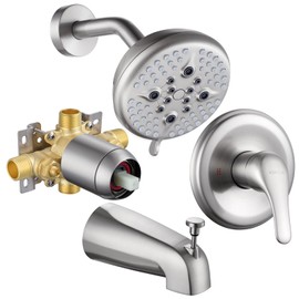 KINSE Tub Shower Faucet Set, 5-Inch Rain Shower Head and Tub Spout Single-Handle with valve kit included, and shower trim kit, Brushed Nickel shower head set