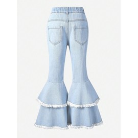 OYOANGLE Girl's Elastic Waist Flared Leg Denim Pants Raw Trim Bell Bottom Jeans with Pockets Light Blue 10Y