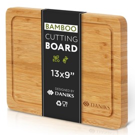 Daniks 100% Organic Bamboo Cutting Board 13x9" (L) – Extra Thick, Heavy Duty Wooden Chopping Board for Kitchen, Serving, with Juice Groove for Fruits, Vegetables, and Bread – BPA Free, Eco-Friendly